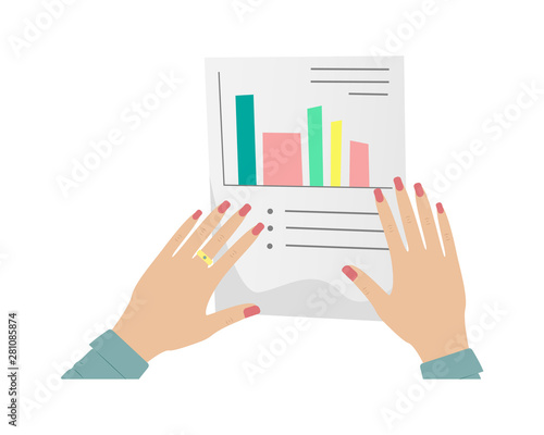 Paper work, tax return, questionnaire. Women's hands with red manicure holding a paper document. Woman entrepreneur