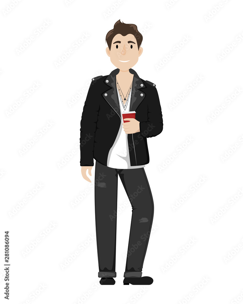 Fashionable young guy in a leather biker jacket, black jeans and a paper Cup of coffee. Fashionable young guy in a leather biker jacket, black jeans and a paper Cup of coffee.