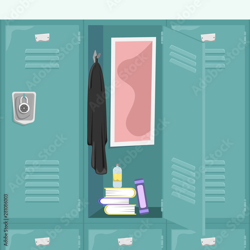 School locker with books and things. School corridor. Flat vector illustration.