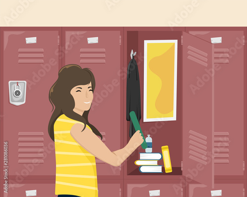 Girl schoolgirl about school locker with things. School corridor. Flat vector illustration.