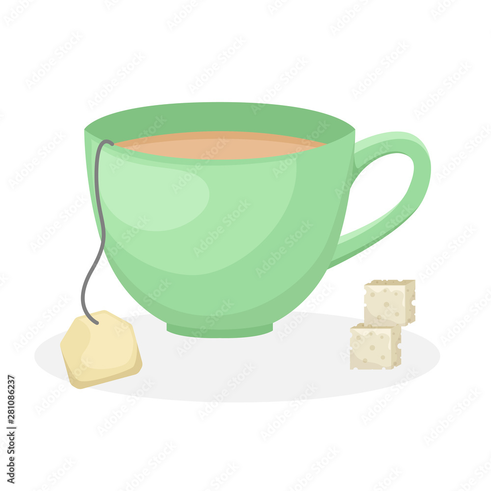 Tea from a bag in a green Cup and two pieces of refined. Tea from a bag in a green Cup and two pieces of refined.
