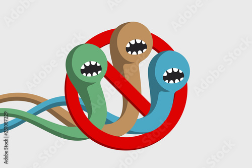 Colored angry worms trying to crawl through red prohibition sign