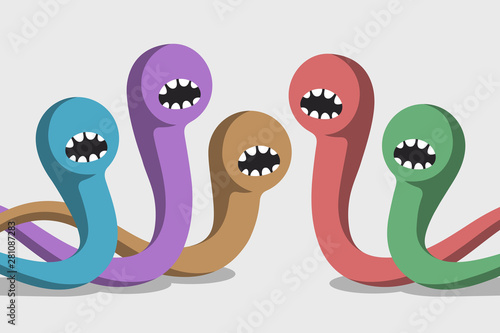 Colored aggressive worms are grinning mouths and crawling photo
