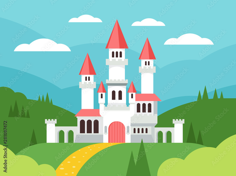 Fairytale cartoon flat landscape with castle. Cute fantasy palace with towers, fantasy fairy house. Old medieval stone magic knight castle building vector illustration.