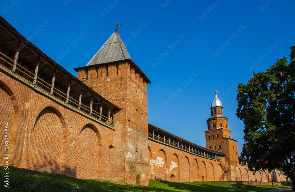 The towers of the Novgorod Kremlin in the sunlight