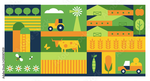 Farming industry flat vector background. Agriculture business color cartoon backdrop. Farmland fields, plants cultivation, industrial tractors machinery illustration. Meadows, cattle husbandry