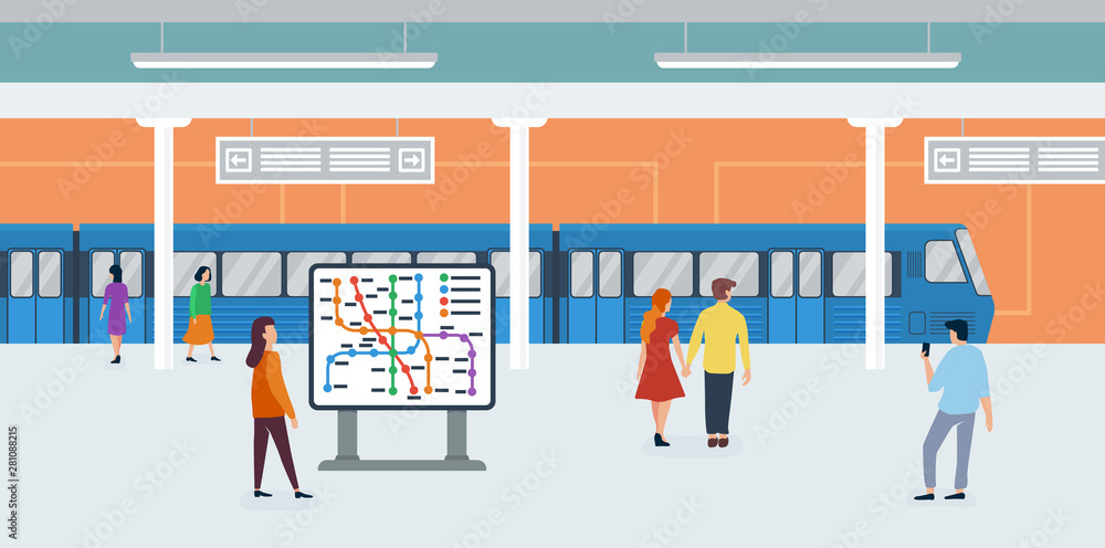 Metro flat vector illustration. Passengers in subway cartoon characters. Rapid transit. Modern city public transport, underground train. People watching metro mapping and waiting for subway car