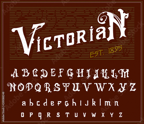 Victorian alphabet in ancient style. Antique old Font for Whiskey label. Vintage typeface in white red colors, editable and layered. Hand drawn Vector modern letters.