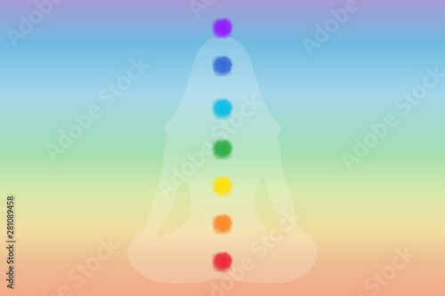 Chakras: muladhara, swadhisthana, manipura, anahata, vishuddha, ajna, sahasrara. Vector line symbol. Om sign. Silhouette of a girl in a lotus pose. Smoky circles. Watercolor style. Meditation
