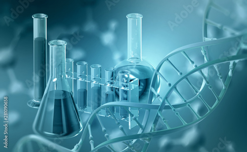 Laboratory, scientific research. Chemistry, test tubes and flasks. DNA 3D illustration on blue background