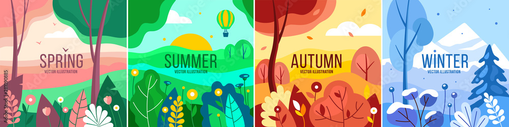 Vector set of seasons illustrations. Spring, summer, autumn, winter ...