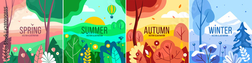 Vector set of seasons illustrations. Spring, summer, autumn, winter - landscapes in a flat style.