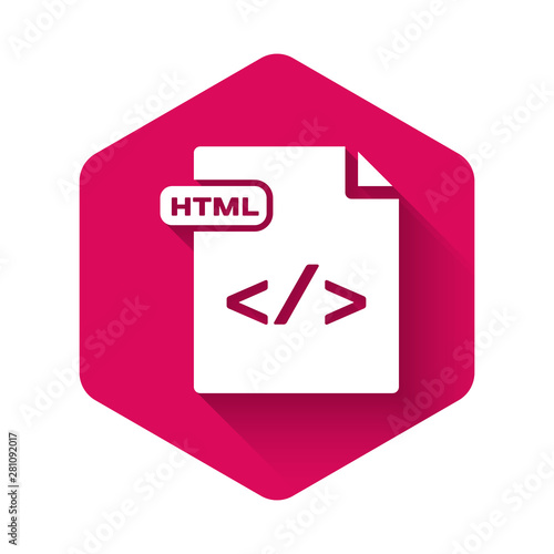 White HTML file document. Download html button icon isolated with long shadow. HTML file symbol. Markup language symbol. Pink hexagon button. Vector Illustration
