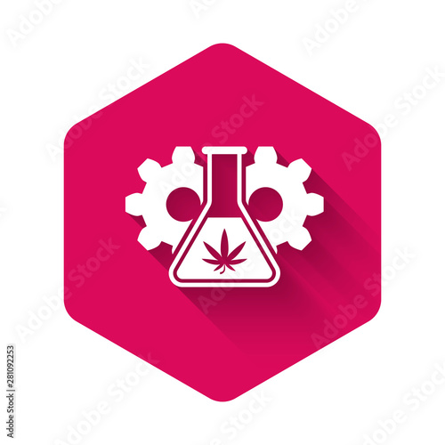 White Chemical test tube with marijuana or cannabis leaf icon isolated with long shadow. Research concept. Laboratory CBD oil concept. Pink hexagon button. Vector Illustration