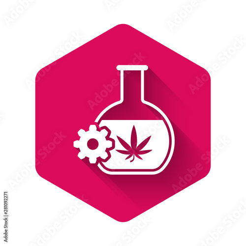 White Chemical test tube with marijuana or cannabis leaf icon isolated with long shadow. Research concept. Laboratory CBD oil concept. Pink hexagon button. Vector Illustration