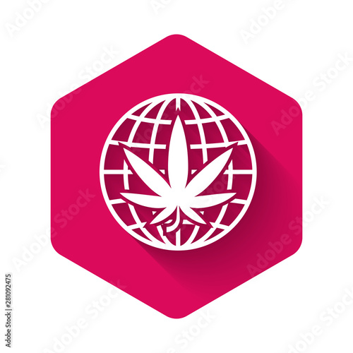 White Legalize marijuana or cannabis globe symbol icon isolated with long shadow. Hemp symbol. Pink hexagon button. Vector Illustration