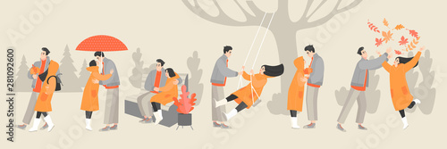 Set of vector illustrations of a young happy couple enjoying an autumn day