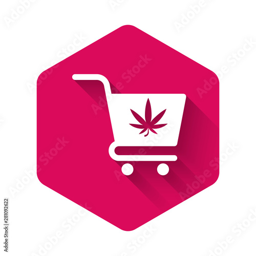 White Shopping cart with marijuana or cannabis leaf icon isolated with long shadow. Online buying. Delivery service. Supermarket basket. Pink hexagon button. Vector Illustration