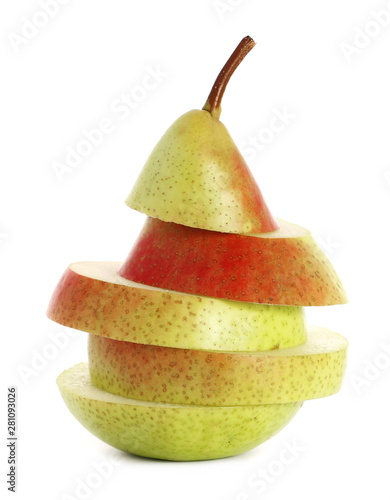 Sliced pear fruits isolated on white background, with clipping path
