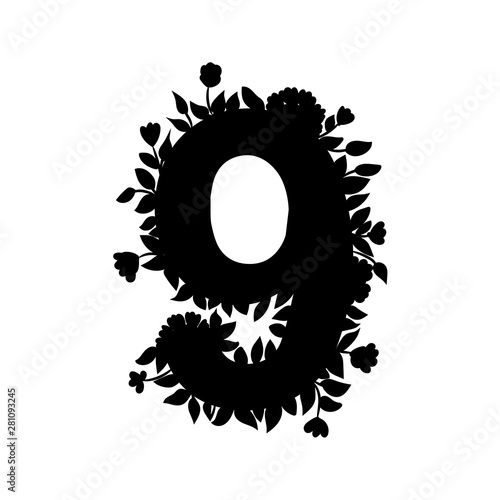 Floral lacy number nine with flowers, leaves and herbal details. Black silhouette. Graphic design element for stickers, scrapbook, greeting cards, poster, advertisement, web photo