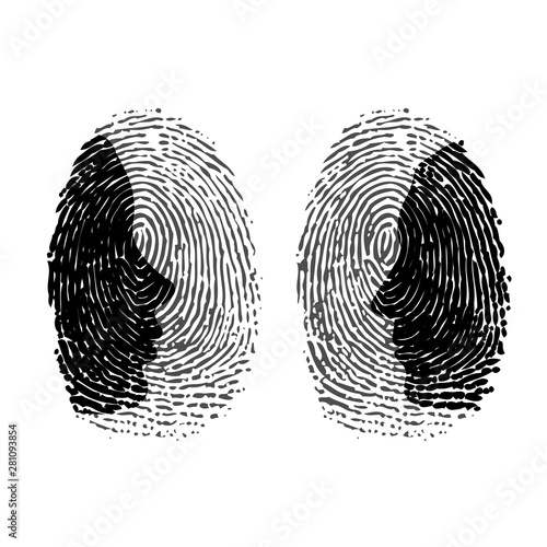 Two fingerprints with man and woman face silhouettes