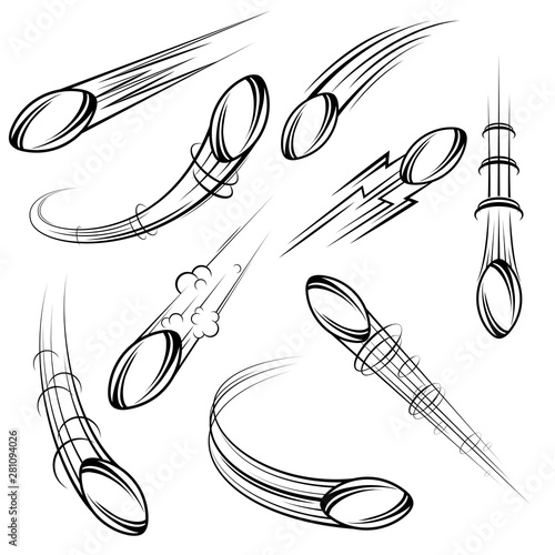 Set of black outline rugby balls movement isolated on white background