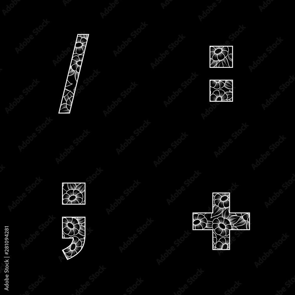 Four white outline floral symbols isolated on white background Four white outline floral symbols isolated on white background