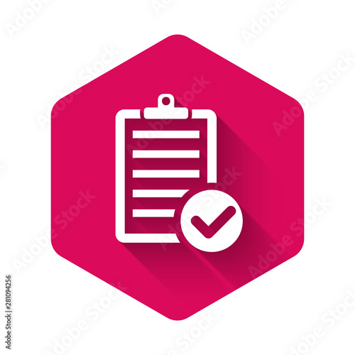 White Verification of delivery list clipboard and pen icon isolated with long shadow. Pink hexagon button. Vector Illustration