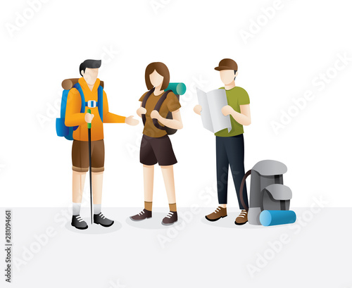 Group of traveler walking. Young woman and man group hiking in mountains. Cartoon character traveling people with backpacks. Climbing on mountain. Vector illustration hiking and climbing