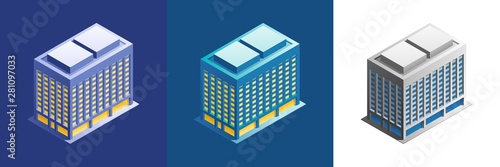 Office Building. Exterior of an urban building, represented in isometric projection and different color variations.