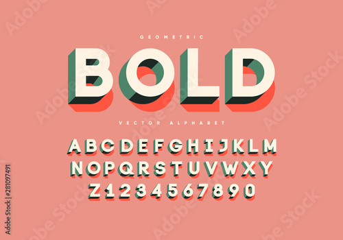 Bold retro font with numbers. Trendy 3d alphabet. Eps10 vector.
