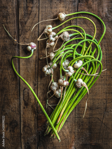 garlic scapes on wood photo