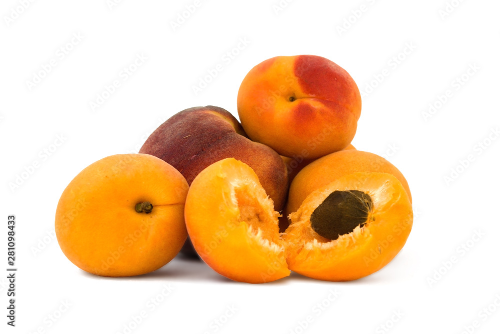 Red peach and apricots on white background Red peach and apricots on white background