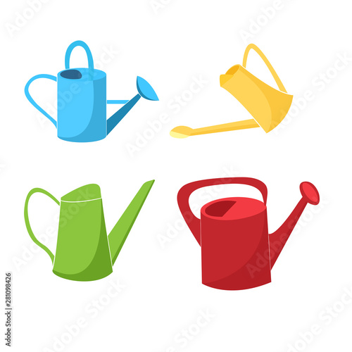 Colorful watering cans set isolated on white background. Vector illustration.