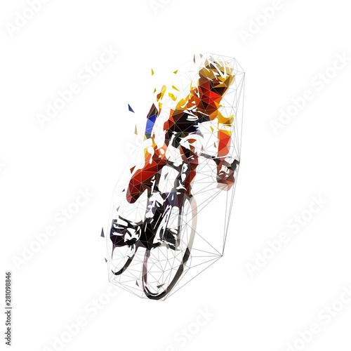 Cycling, road cyclist in yellow jersey riding bike. Low poly isolated vector illustration