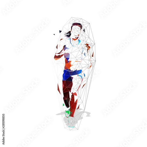 Running woman, front view. Low polygonal isolated vector illustration