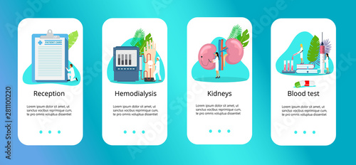 Concept of pyelonephritis, diseases and kidney stones, cystitis, urolithiasis, nephroptosis, renal failure, hydronephrosis, hemodialysis. Tiny doctors treat kidneys. Blue templates for apps.