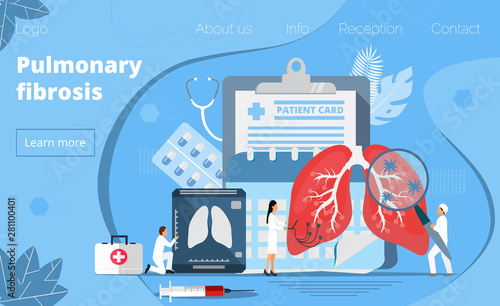 Concept of pulmonary fibrosis, tuberculosis, pneumonia, lung diagnosis x-ray machine, tiny doctors treat, scan lungs using hologram, it is landing page, website, app, banner. World lung day design.