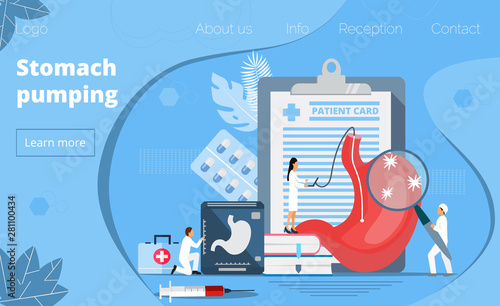 Gastroenterology landing page vector. Flat tiny doctor making stomach pupming in hologram space. Ulcer, pneumatosis, atony, gastriris, dysbacteriosis, pancreatitis, colitis, duodenitis concept.