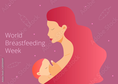 Beautiful mom is breastfeeding her newborn baby. Trendy fliud waving hair. Flat concept vector of World Breastfeeding Week in August for flyer, banner, landing page.