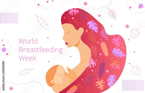 Beautiful mom is breastfeeding her newborn baby. Trendy fliud waving hair. Flat concept vector of World Breastfeeding Week in August for flyer, banner, landing page.