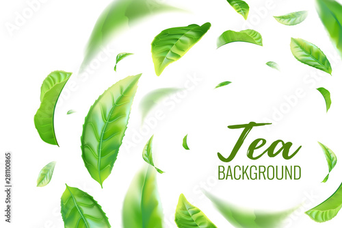 Realistic green tea leaves background for advertising poster. Vector illustration