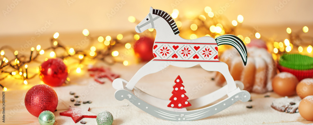 Obraz premium New year banner, Christmas background, Christmas decorations, Kinship greeting card, Christmas card template