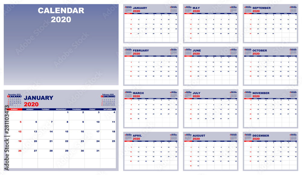 Calendar planner 2020, template design. Week Starts on Sunday. Set of 12 Months and covers in blue, vector illustration EPS 10 Calendar planner 2020, template design. Week Starts on Sunday. Set of 12 Months and covers in blue, vector illustration EPS 10
