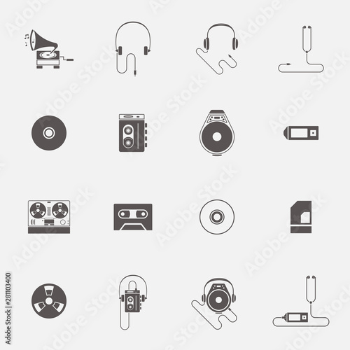 Isolated music players icons in two color shape vector set