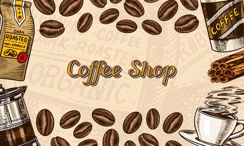 Coffee beans background in vintage style. Hand drawn engraved poster, retro doodle sketch. Cup and calligraphic inscription. Vector Template Banner.