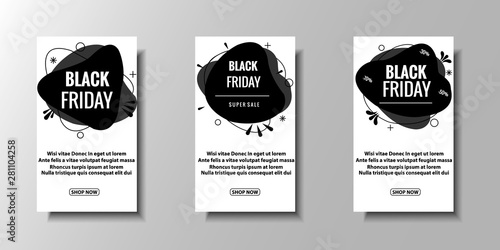 Set of modern abstract vector banners for black friday sale. Flat geometric shapes of different colors with black outline. For art template design, page, banner, print, flyer, book, blank, card
