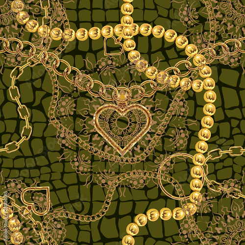 Cute gold chain texture seamless. Flat and solid color vector illustration.