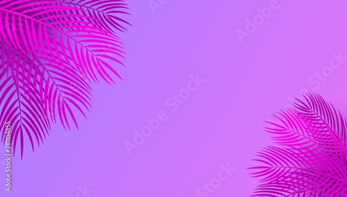 Vector horizontal pink purple neon background with palm leaves, copy space. Tropical pink leaves on vibrant neon colors backdrop. Concept art, surrealism background. Summer template for text, headline