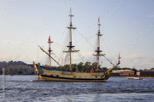 Old Russian military sailing ship Poltava at the parade in Saint Petersburg in the Neva River